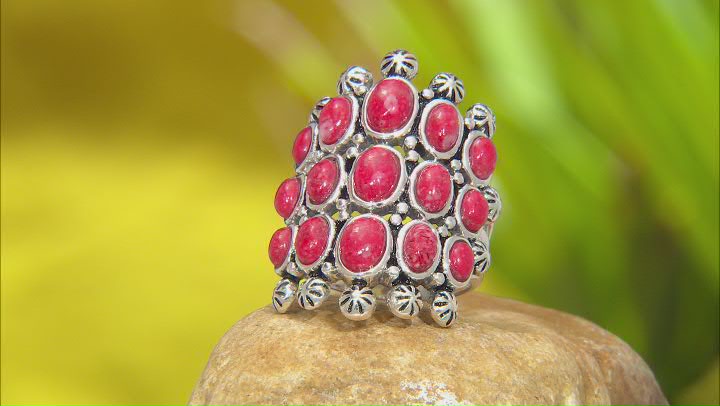 Red Sponge Coral Multi-Row Rhodium Over Sterling Silver Ring Video Thumbnail