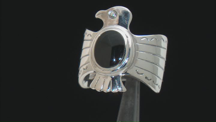 Black Onyx Rhodium Over Sterling Silver Thunderbird Ring Video Thumbnail