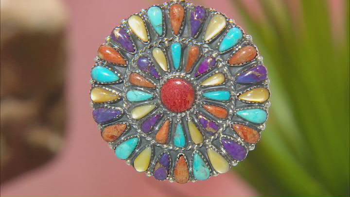 Multi-Color Turquoise, Mother-Of-Pearl & Bamboo Coral Silver Pendant Video Thumbnail