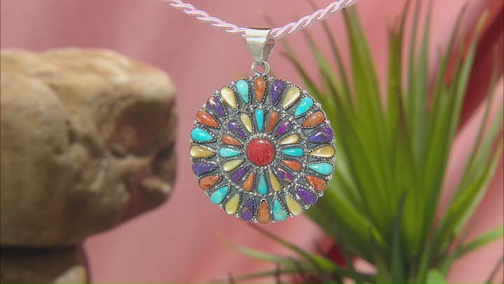 Multi-Color Turquoise, Mother-Of-Pearl & Bamboo Coral Silver Pendant Video Thumbnail