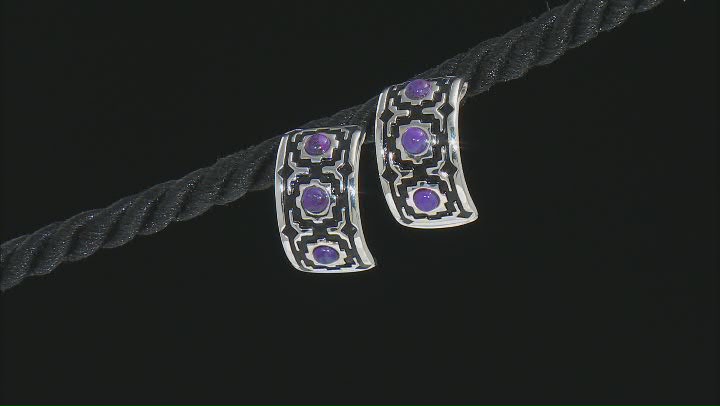 Round Purple Turquoise and Black Enamel Sterling Silver Hoop Earrings Video Thumbnail