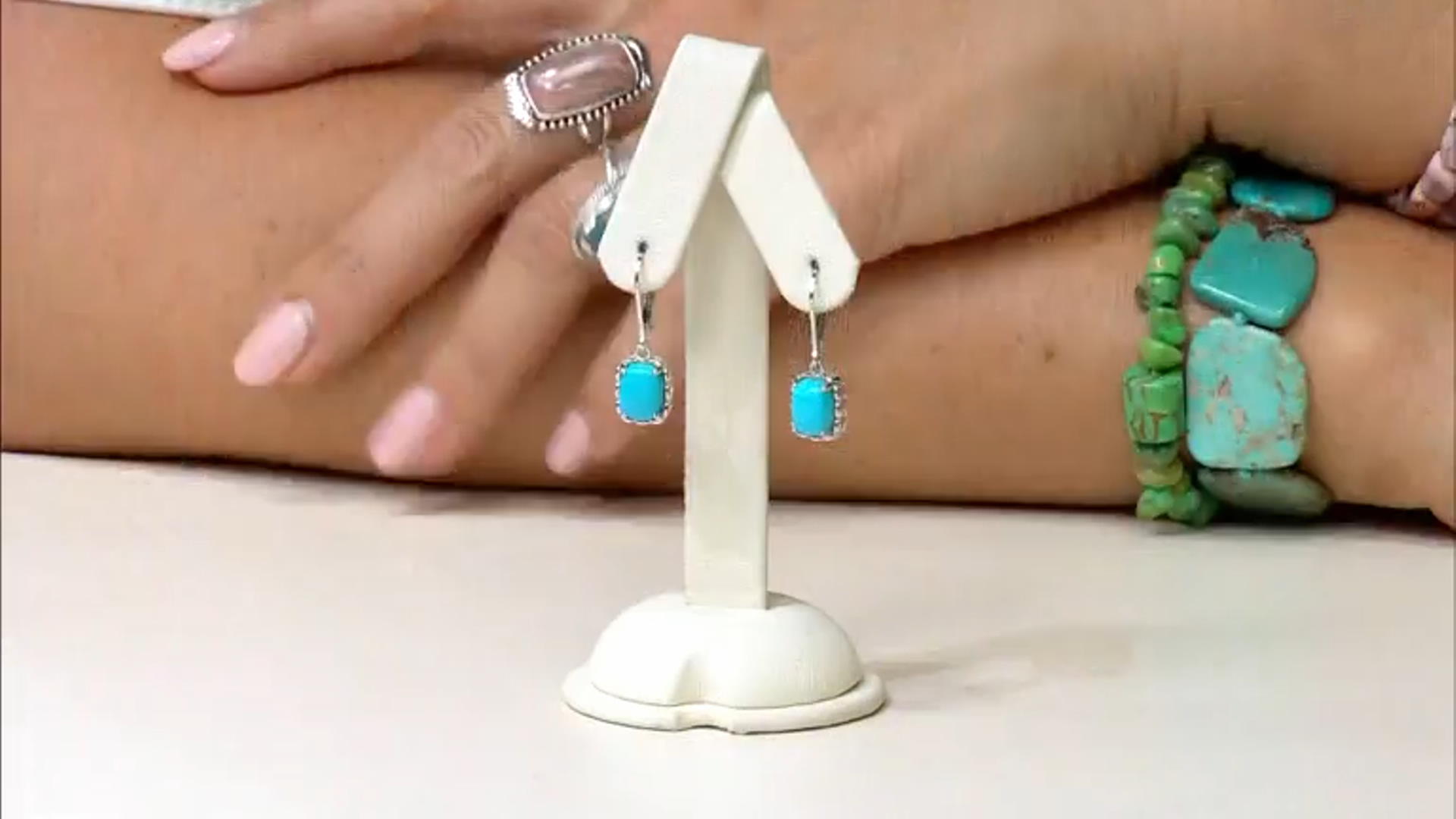 9x7mm Rectangular Cushion Sleeping Beauty Turquoise Rhodium Over Sterling Silver Earrings Video Thumbnail