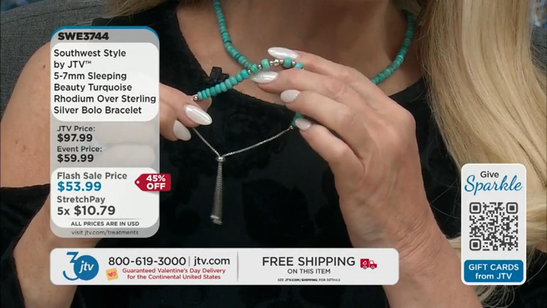 5-7mm Sleeping Beauty Turquoise Rhodium Over Sterling Silver Beaded Bolo Bracelet Video Thumbnail