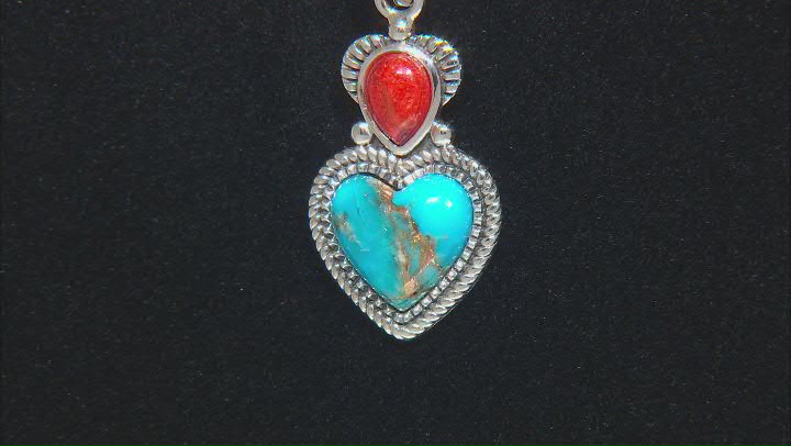Blue Turquoise and 8x6mm Red Coral Rhodium Over Sterling Silver Enhancer Video Thumbnail