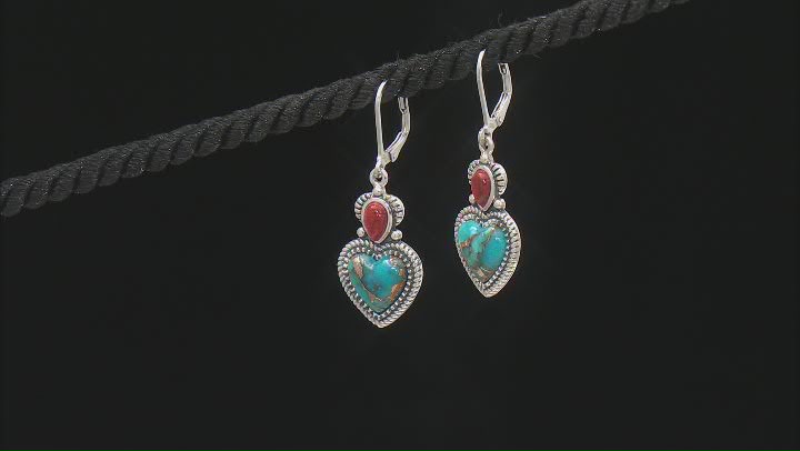 Blue Heart Turquoise and 6x4mm Pear Red Coral Sterling Silver Earrings Video Thumbnail