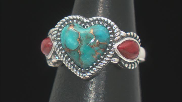 Blue Heart Turquoise and 6x10mm Pear Red Coral Sterling Silver Ring Video Thumbnail