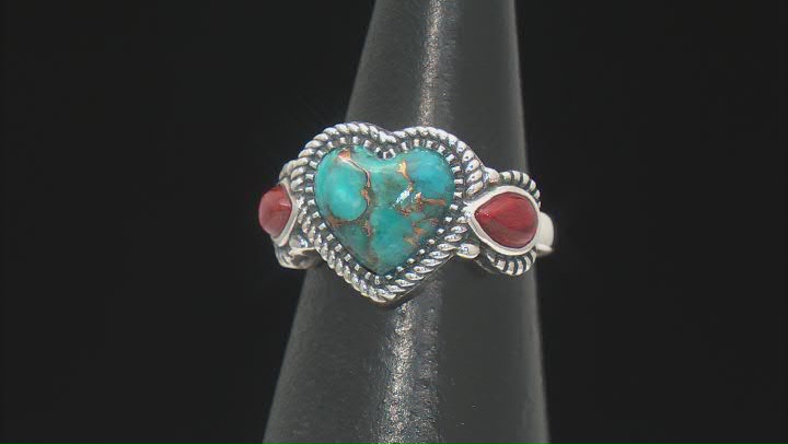 Blue Heart Turquoise and 6x10mm Pear Red Coral Sterling Silver Ring Video Thumbnail