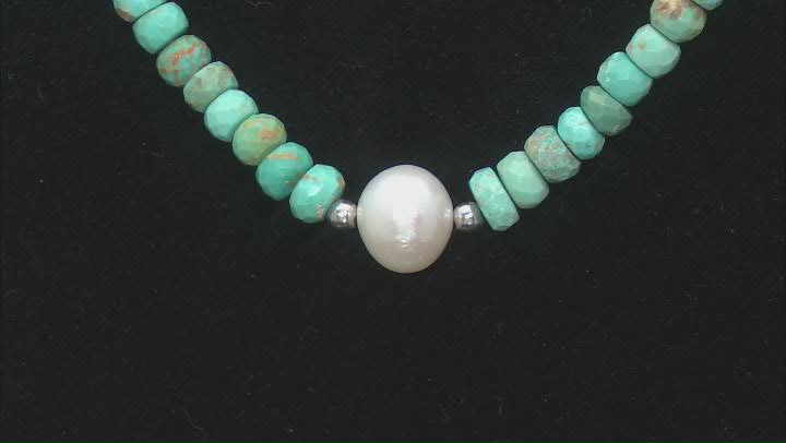 Rondelle Kingman Turquoise & Cultured Freshwater Pearl Rhodium Over Sterling Silver Necklace Video Thumbnail