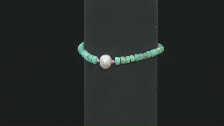 4-5.5mm Kingman Turquoise & Cultured Freshwater Pearl Rhodium Over Sterling Silver 
Beaded Bracelet Video Thumbnail