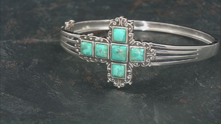 Blue turquoise Rhodium Over Sterling Silver Cross Bangle Bracelet 6-7mm Video Thumbnail