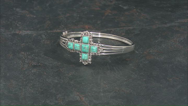 Blue turquoise Rhodium Over Sterling Silver Cross Bangle Bracelet 6-7mm Video Thumbnail