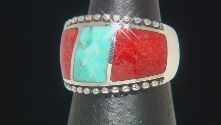 Blue Turquoise & Coral Sterling Silver Inlay Ring Video Thumbnail