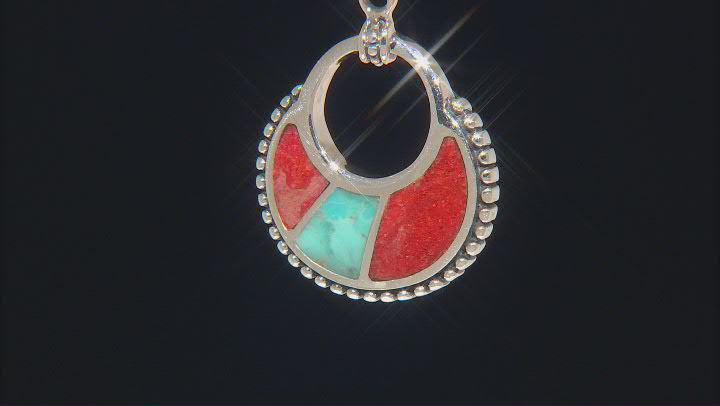Blue Turquoise & Coral Sterling Silver Inlay Pendant Video Thumbnail