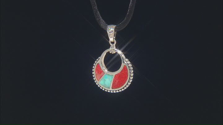 Blue Turquoise & Coral Sterling Silver Inlay Pendant Video Thumbnail