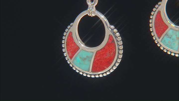 Blue Turquoise & Red Coral Sterling Silver Inlay Earrings Video Thumbnail