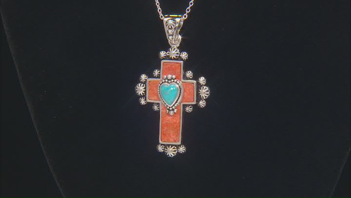 Sponge Orange Coral With Blue Turquoise Sterling Silver Cross Enhancer Pendant With Chain Video Thumbnail