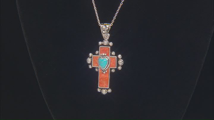 Sponge Orange Coral With Blue Turquoise Sterling Silver Cross Enhancer Pendant With Chain Video Thumbnail