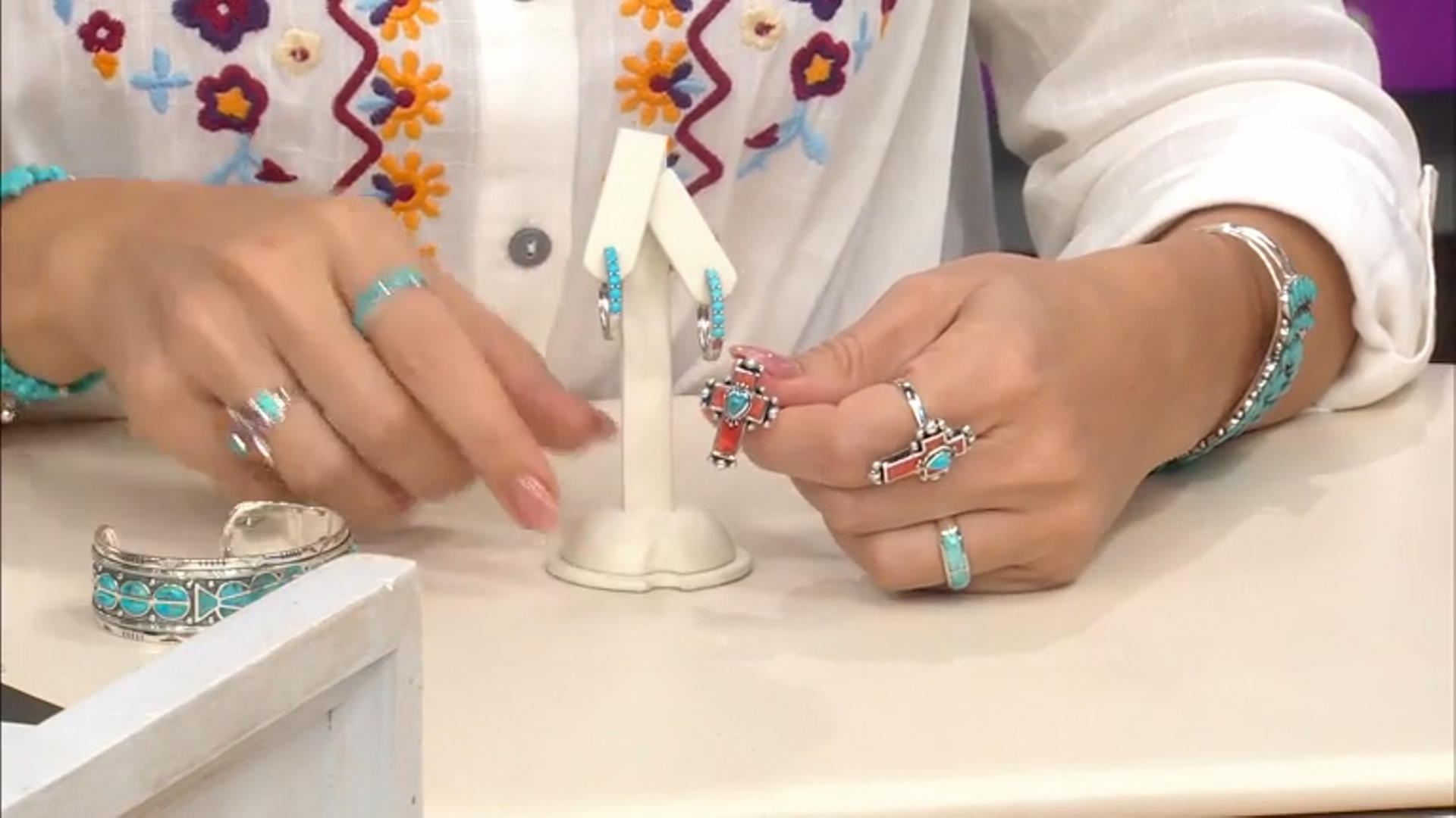 Sponge Orange Coral With Blue Turquoise Sterling Silver Cross Ring Video Thumbnail