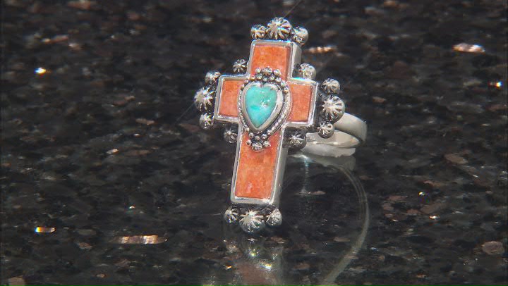 Sponge Orange Coral With Blue Turquoise Sterling Silver Cross Ring Video Thumbnail