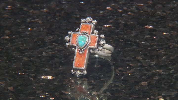 Sponge Orange Coral With Blue Turquoise Sterling Silver Cross Ring Video Thumbnail