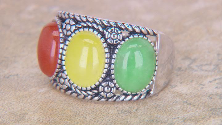 9x7mm Multi-Color Jadeite Rhodium Over Sterling Silver Ring Video Thumbnail