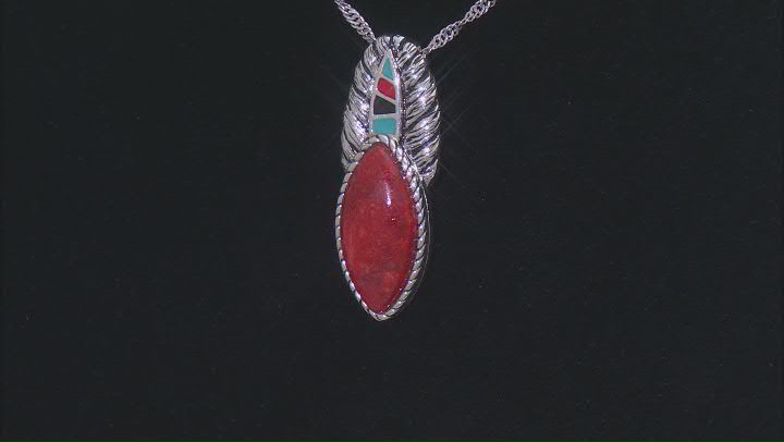 18x9mm Red Sponge Coral & Multi-Color Enamel Sterling Silver Pendant With Chain Video Thumbnail