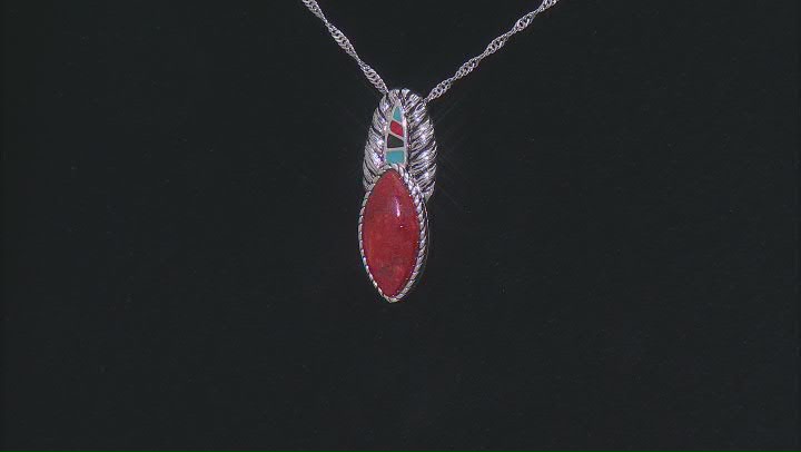 18x9mm Red Sponge Coral & Multi-Color Enamel Sterling Silver Pendant With Chain Video Thumbnail