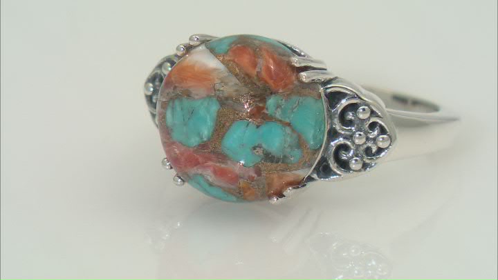 Blended Composite Turquoise With Spiny Oyster Shell Sterling Silver Ring 12mm Video Thumbnail