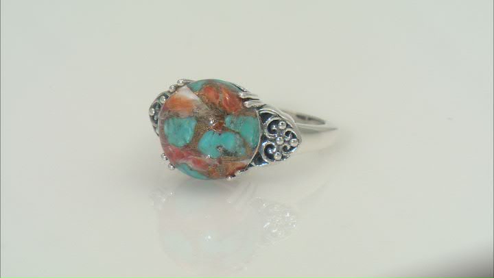 Blended Composite Turquoise With Spiny Oyster Shell Sterling Silver Ring 12mm Video Thumbnail