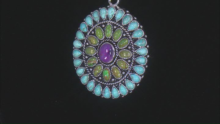 9x7mm Purple, 6x3mm Green & 5x3mm Blue Turquoise Sterling Silver Enhancer With 18" Singapore Chain Video Thumbnail