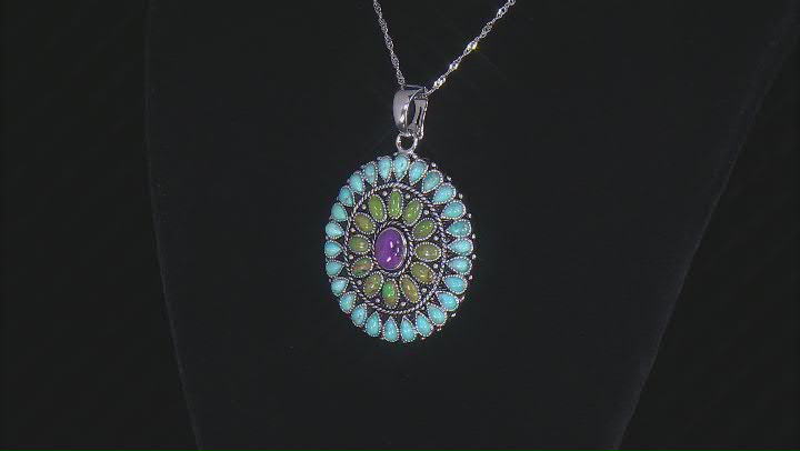 9x7mm Purple, 6x3mm Green & 5x3mm Blue Turquoise Sterling Silver Enhancer With 18" Singapore Chain Video Thumbnail