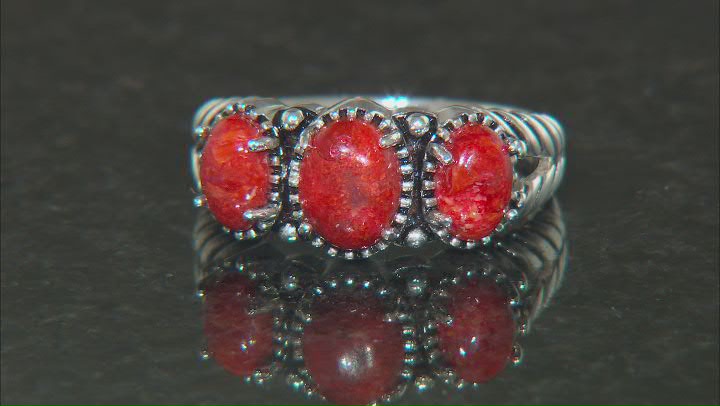 Oval Red Coral Three-Stone Oxidized Sterling Silver Ring Video Thumbnail