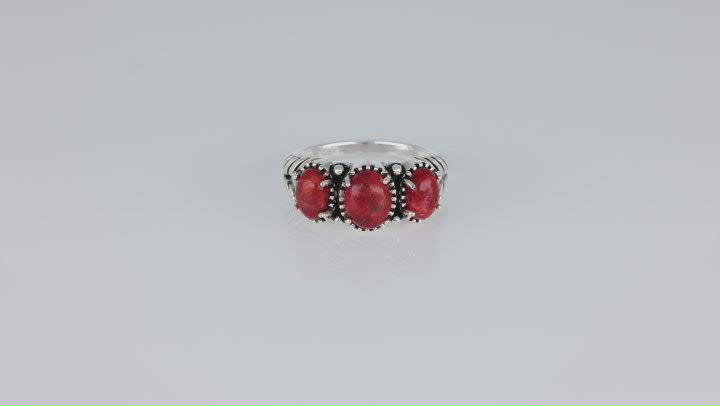 Oval Red Coral Three-Stone Oxidized Sterling Silver Ring Video Thumbnail