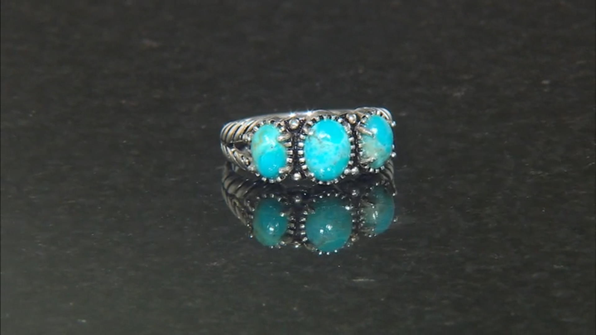 Blue Turquoise Three-Stone Oxidized Sterling Silver Ring Video Thumbnail