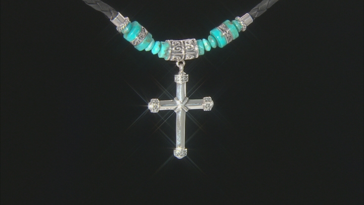 Mens Turquoise Rhodium Over Silver And Leather Cross Necklace Video Thumbnail