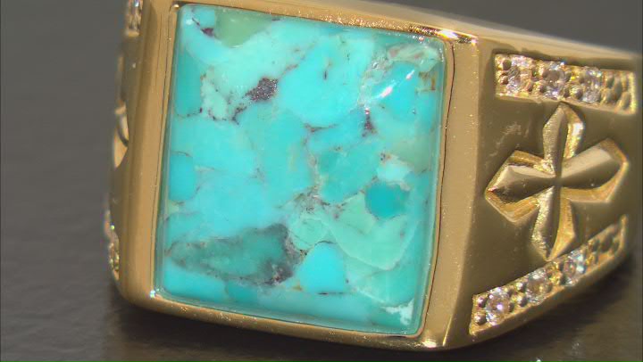 Blue Turquoise and White Topaz 18k Yellow Gold Over Silver Men's Ring .20ctw Video Thumbnail