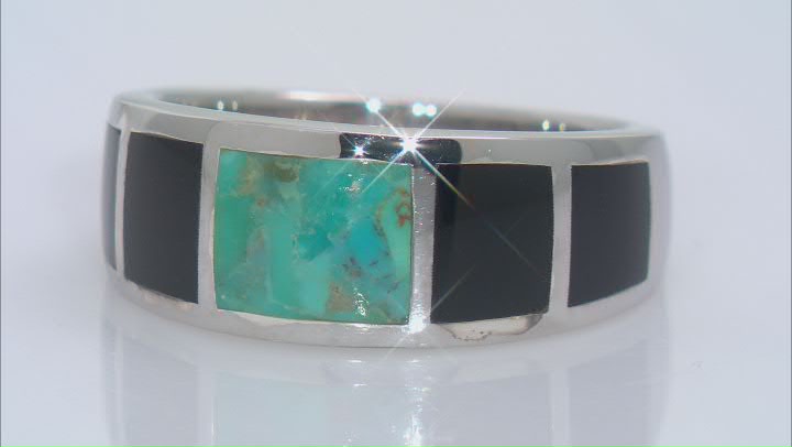 Blue Turquoise & Black Onyx Rhodium Over Silver Mens Inlay Band Ring Video Thumbnail