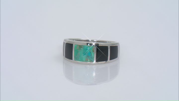 Blue Turquoise & Black Onyx Rhodium Over Silver Mens Inlay Band Ring Video Thumbnail