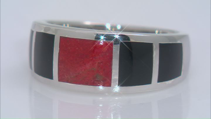 Red Coral & Black Onyx Rhodium Over Silver Mens Inlay Band Ring Video Thumbnail