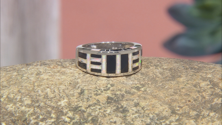White Lab Created Opal And Black Onyx Inlay Rhodium Over Silver Men's Band Ring Video Thumbnail