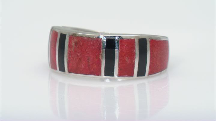 Red Coral And Black Onyx Rhodium Over Silver Mens Inlay Band Ring Video Thumbnail