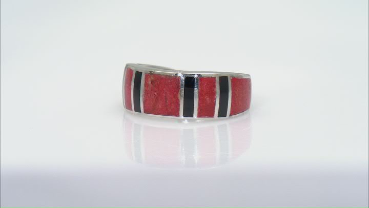 Red Coral And Black Onyx Rhodium Over Silver Mens Inlay Band Ring Video Thumbnail