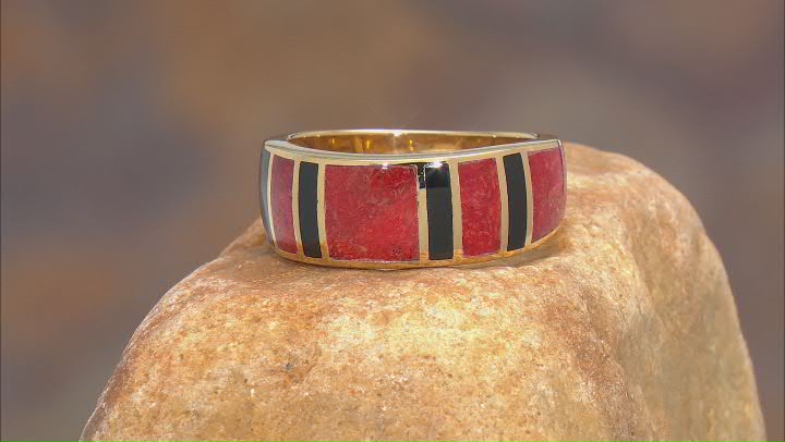 Red Coral And Black Onyx 18k Yellow Gold Over Silver Mens Inlay Band Ring Video Thumbnail