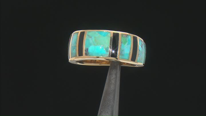 Blue Turquoise & Onyx 18k Yellow Gold Over Sterling Silver Men's Inlay Band Ring Video Thumbnail