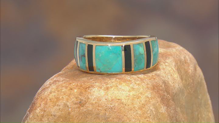 Blue Turquoise & Onyx 18k Yellow Gold Over Sterling Silver Men's Inlay Band Ring Video Thumbnail