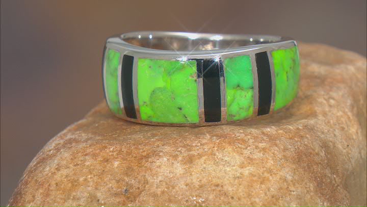 Green Turquoise And Black Onyx Rhodium Over Silver Mens Inlay Band Ring Video Thumbnail