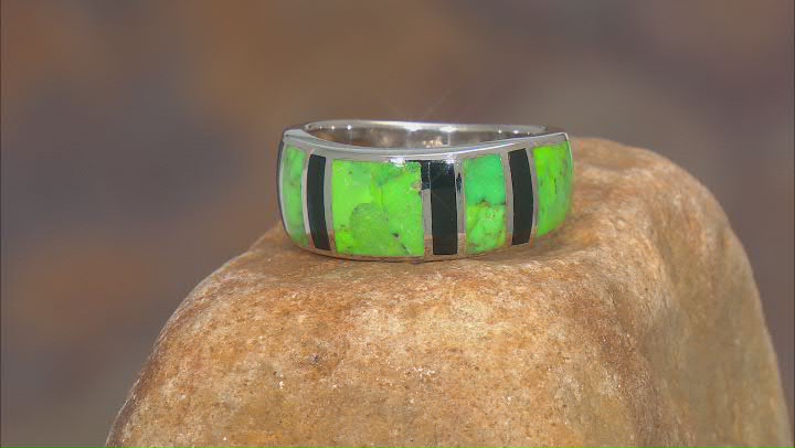 Green Turquoise And Black Onyx Rhodium Over Silver Mens Inlay Band Ring Video Thumbnail