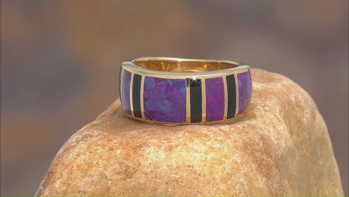 Purple Turquoise And Black Onyx 18k Yellow Gold Over Silver Mens Inlay Band Ring Video Thumbnail