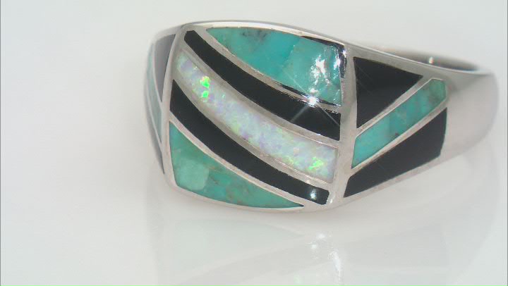 Mens Lab Created Opal, Turquoise & Onyx Rhodium Over Silver Inlay Ring Video Thumbnail