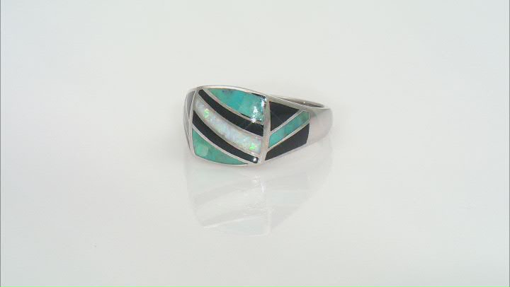 Mens Lab Created Opal, Turquoise & Onyx Rhodium Over Silver Inlay Ring Video Thumbnail